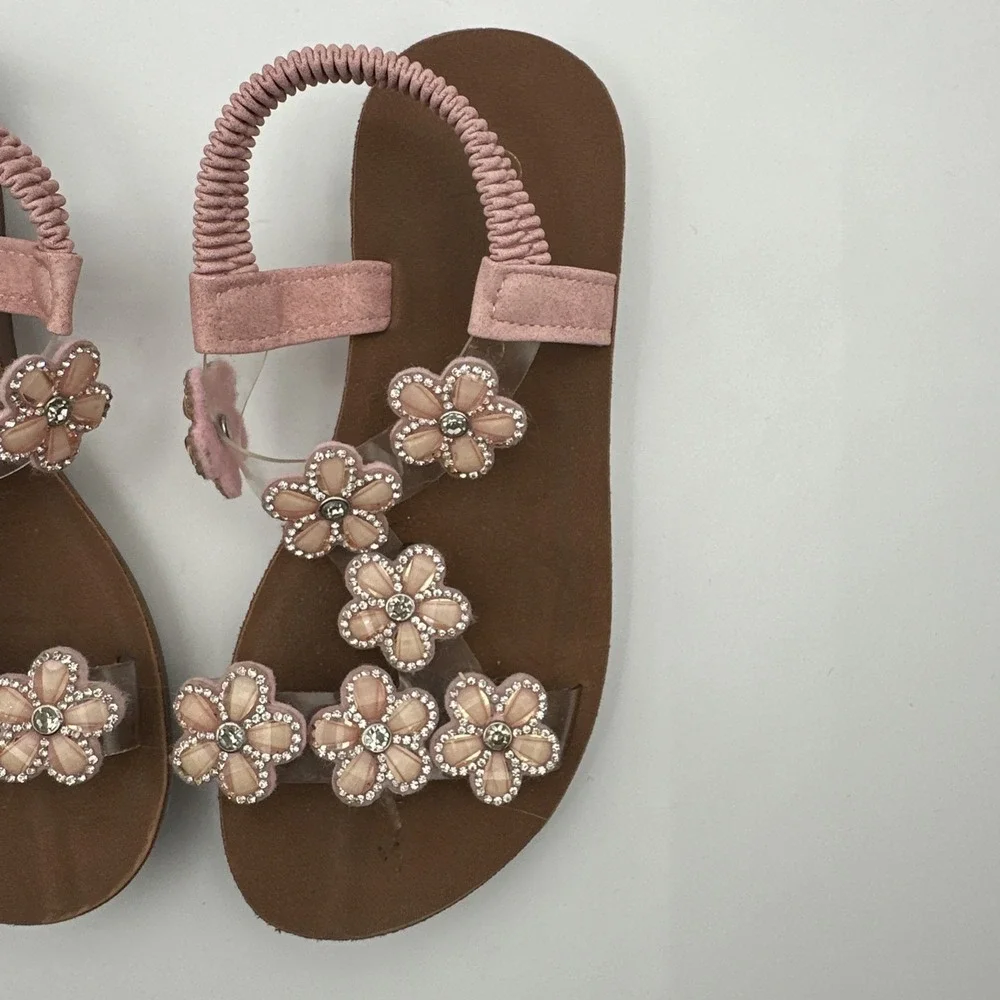 BoHo Girls Rinestone Flower T-Strap Flat Sandals Elastic Slingback Summer